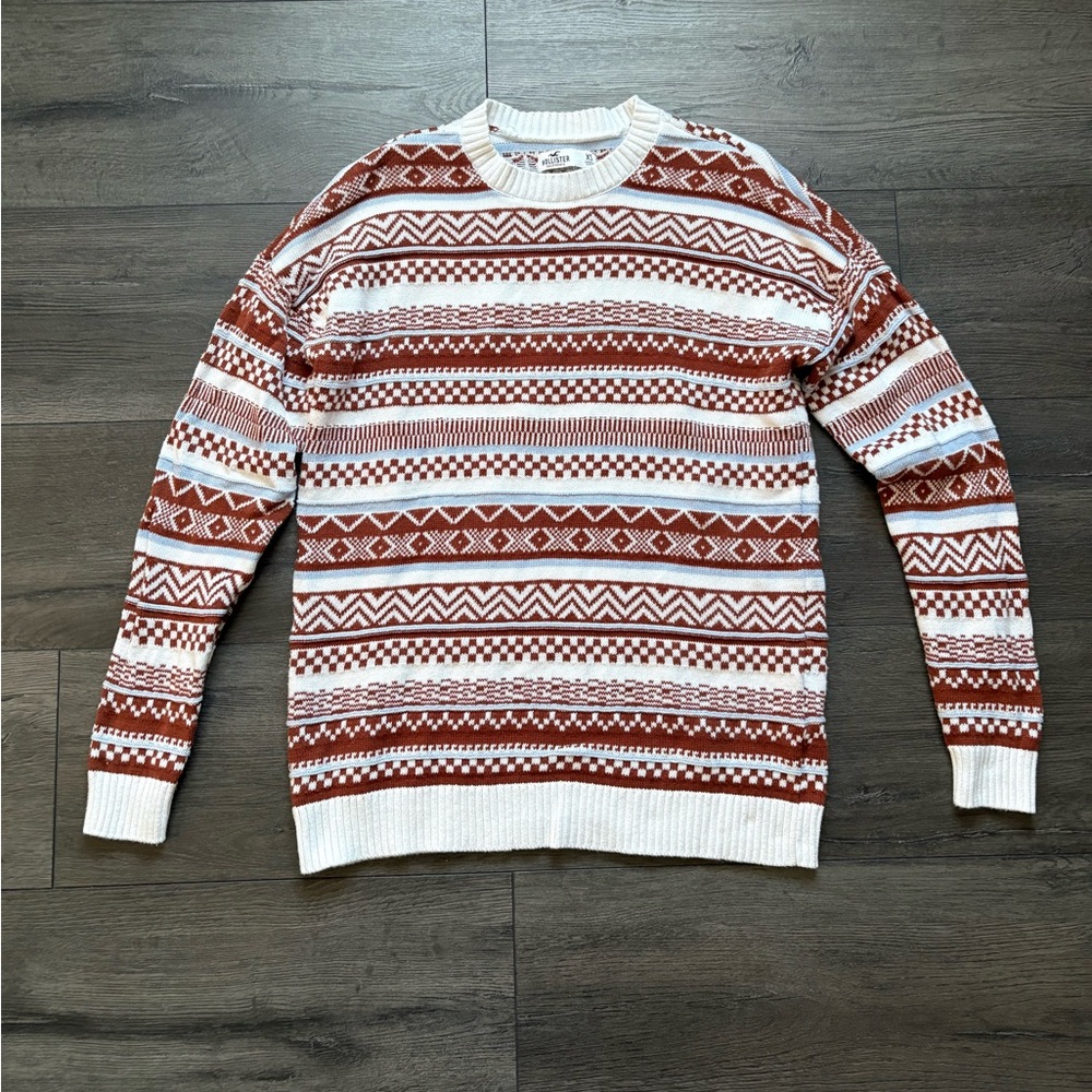 Hollister Mens Brown White Fair Isle Crew Neck Sweater Size XS